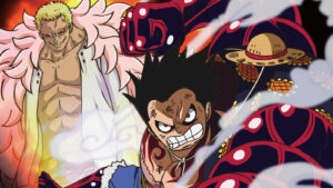 Doflamingo and Monkey D. Luffy in his Gear 4 form in One Piece
