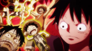 A collage showing Monkey D. Luffy in different phases of his life in the One Piece anime