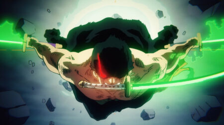 One Piece anime character Zoro attacking with his sword