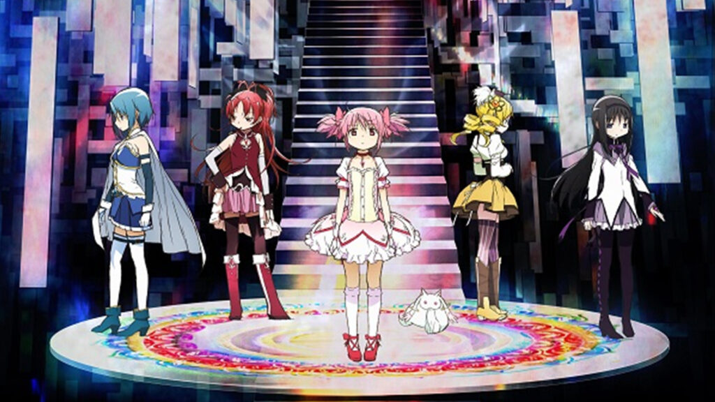 Puella Magi Madoka Magica characters featuring Madoka Kaname, Homura Akemi, Mami Tomoe, Sayaka Miki, and Kyoko Sakura.