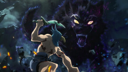 Shangri-La Frontier main protagonist Sunraku facing off against a giant black wolf in season 1 of the anime