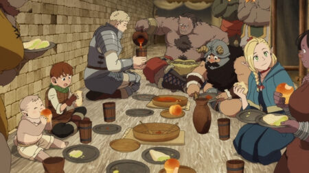Deliciouus in Dungeon Anime Laios, Marcille, Chilchuck and Senshi having dinner with the Orcs