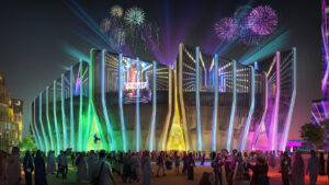 The Esports World Cup 2024 model image showcasing the outside of the arena in Riyadh, Saudi Arabia where the tournaments will be held