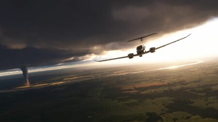 Microsoft Flight Simulator 2024 plane flying near a Tornado