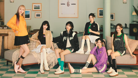 IVE members Rei, Gaeul, Wonyoung, Yujin, Leeseo, and Liz wearing Puma Palermo collection