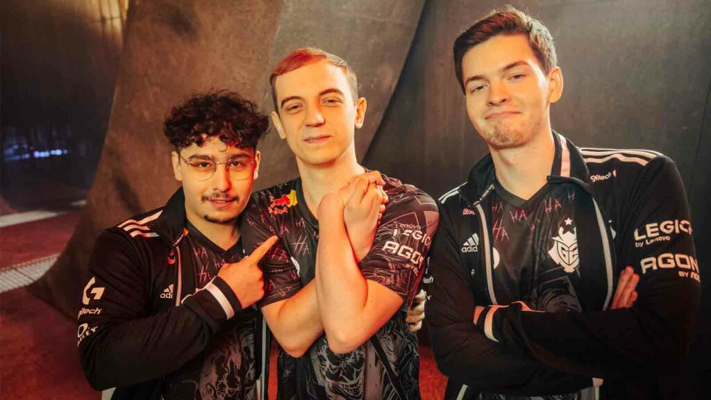 LONDON, ENGLAND - MAY 09: (L-R) Sergen "Broken knife" Celik, Rasmus "Caps" Winter and Mihael "Mikyx" G2 Esports' Mehle poses backstage before the start of the League of Legends - Mid-Season Invitational Bracket Stage on May 9, 2023 in London, England.  (Photo by Colin Young-Wolff/Riot Games)