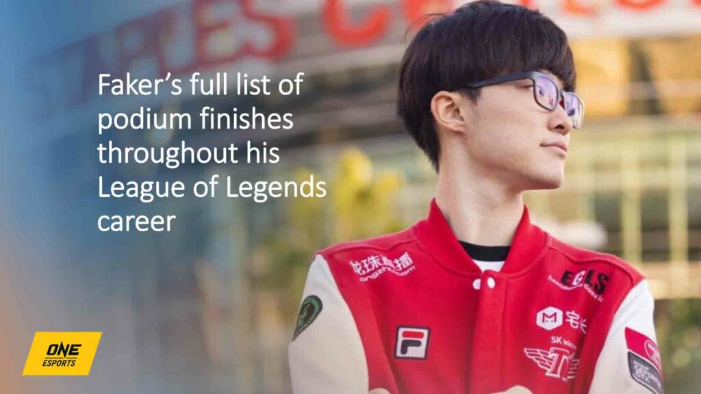 SKT Telecom T1 Faker at the 2013 World Cup poses at Staples Center in the ONE Esports featured image for the article "Faker's complete list of podium finishes throughout his long League of Legends career"