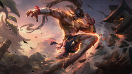 Traditional Lee Sin shatters some rubble with a powerful knee strike. In the background is an Ionian mountainscape and temple.