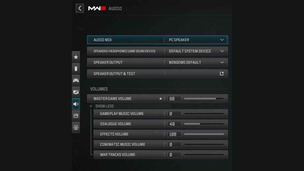 Captura de pantalla de la interfaz de configuración de audio en Modern Warfare 3