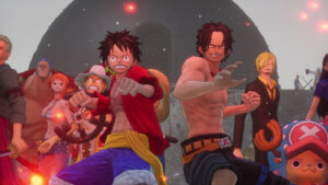 One Piece Odyssey characters featuring Luffy, Ace, Zoro, Franky, Nami, Usopp, Sanji, Chopper, and Robin