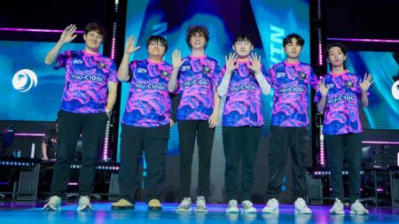Paper Rex roster with coach alecks on stage waving after the match against Bleed Esports on Day 13 of VCT Pacific Stage 1 2024