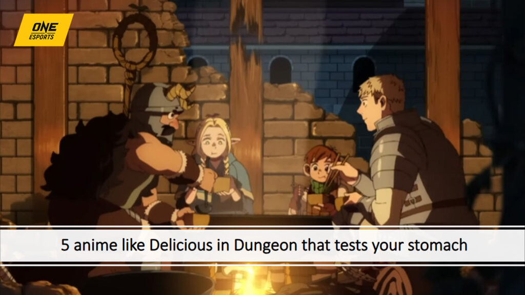 Anime como Delicious en Dungeon Laios y Marcille, Chilchuck y Senshi comiendo juntos