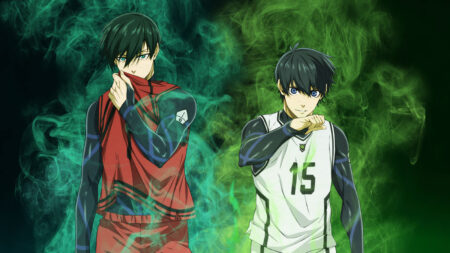 Blue Lock protagonist Yoichi Isagi and top player Rin Itoshi in a promotional image for season 1 of the anime