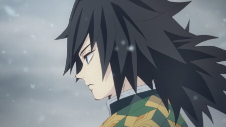 Demon Slayer Water Hashira Giyu Tomioka seen in deep thought in season 1 of the anime