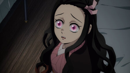 Demon Slayer main character Nezuko Kamado seen concerned in season 4 episode 1 of the anime