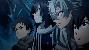 Demon Slayer's Wind Hashira Sanemi Shinazugawa and Serpent Hashira Obanai Iguro with two other hunters about to seige a demon base