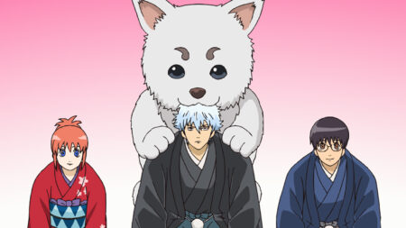 Gintama characters Gintoki Sakata, Kagura, Shinpachi Shimura, and Sadaharu