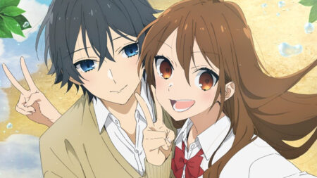 Horimiya characters Kyouko Hori and Izumi Miyamura in a peace sign pose
