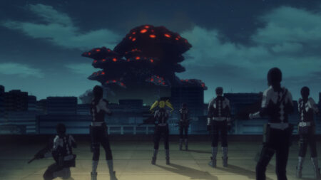 Third Division members seen in their first mission of Kaiju no 8 anime with the officers facing a giant monster