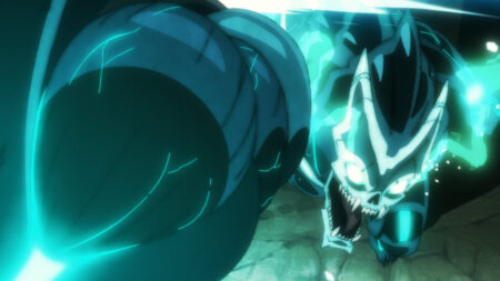 Kaiju no 8 main characters Kafka Hibino in his monster form fighting off against a kaiju in episode 4 of the anime