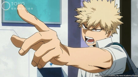 My Hero Academia main character Bakugo Katsuki pointing at someone in class