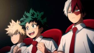 Bakugo, Midoriya, and Todoroki watching a movie