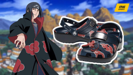 Itachi Uchiha and Naruto Crocs footwear in a backdrop of Konoha Village