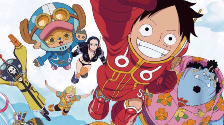 One Piece Egghead Arc key visual featuring Straw Hat Pirates Luffy, Sanji, Chopper, Robin, Brook, and Jinbe