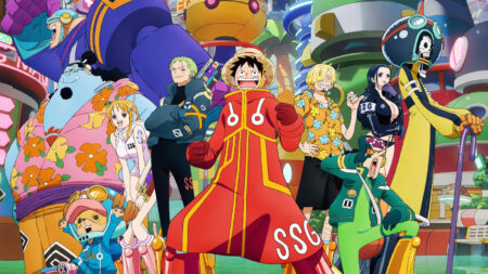 One Piece Egghead Arc key visual featuring Straw Hat Pirates Luffy, Nami, Zoro, Sanji, Usopp, Chopper, Robin, Brooke, Franky, and Jinbe