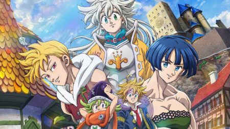 The Seven Deadly Sins characters featuring Meliodas and the Four Knights of the Apocalypse -- Gawain, Lancelot, Percival, and Tristan Liones