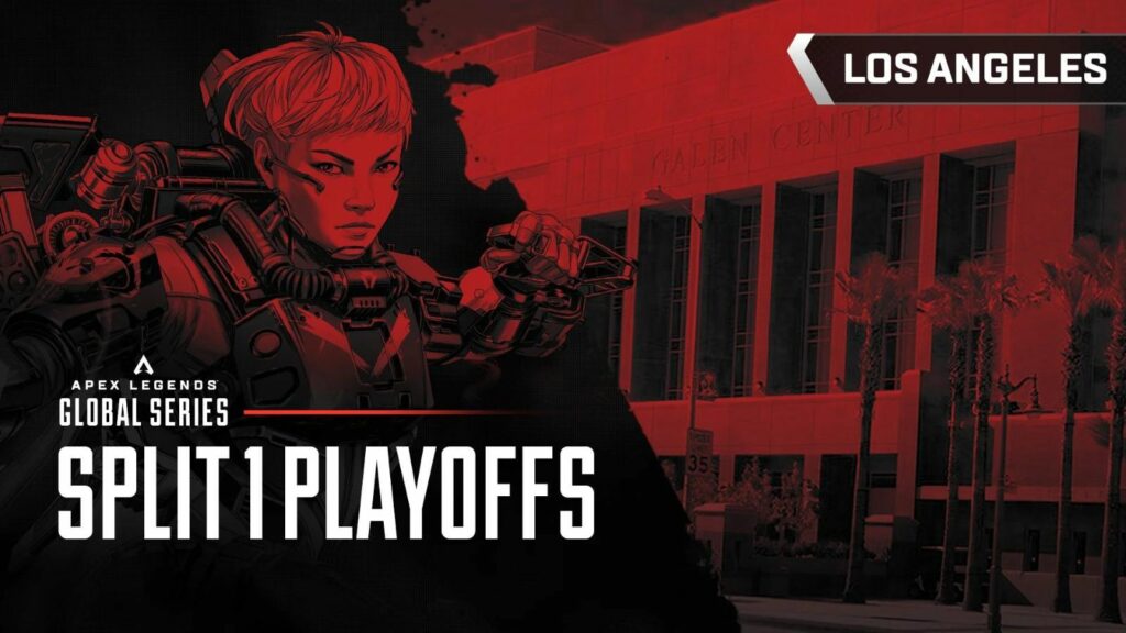 Imagen del cartel de los Playoffs del Split 1 de la ALGS 2024 con un Legends and Galen Center en Los Ángeles, Estados Unidos