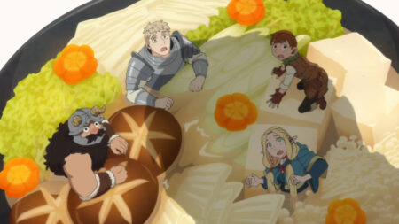 All Delicious in Dungeon episodes and where to watch them. Laios, Marcille, Chilchuck, and Senshi in a hotpot during opening song.