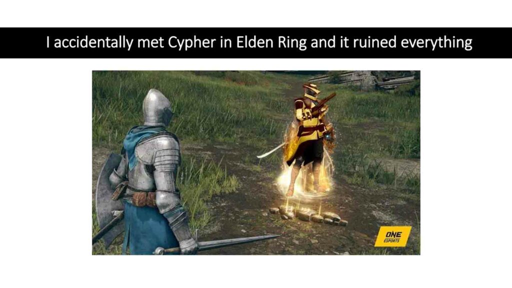 Valorant Agent Cypher superpuesto en la imagen de Elden Ring por ONE Esports para el artículo "Accidentalmente conocí a Cypher en Elden Ring y arruinó todo"