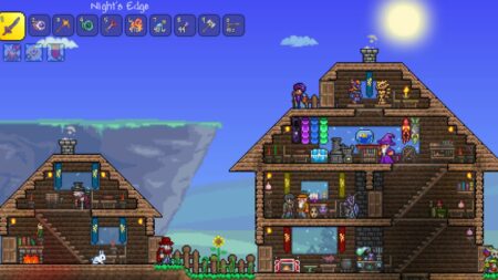 Games Like Terraria, player builds a house and crafting stations