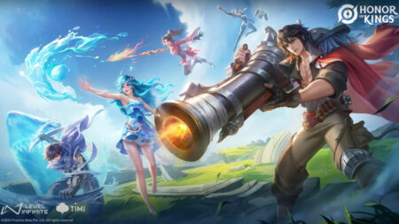 Honor of Kings poster featuring heroes Alessio, Dolia, Lam and Ying