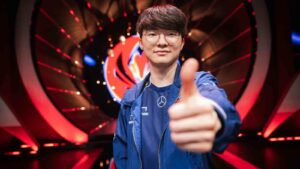 Lee "Faker" Sang-hyeok of T1 speaks during MSI 2024 Bracket Stage at the Chengdu Financial City Performing Arts Center in Chengdu, China on May 15, 2024. (Photo by Colin Young-Wolff/Riot Games)