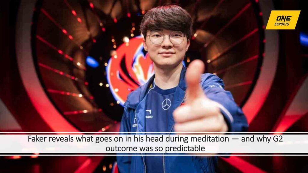 Faker giving thumbs up at MSI 2024 lower bracket round 2 in ONE Esports featured image for article "Faker reveals what goes on in his head during meditation — and why G2 outcome was so predictable"