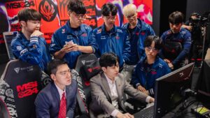 T1 are seen back stage with coach kkOma and Tom during MSI Play-Ins at the Chengdu Financial City Performing Arts Center in Chengdu, China on May 01, 2024. (Photo by Colin Young-Wolff/Riot Games)