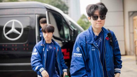 Choi "Zeus" Woo-je of T1 arrives to compete during MSI 2024 Bracket Stage at the Chengdu Financial City Performing Arts Center in Chengdu, China on May 18, 2024. (Photo by Colin Young-Wolff/Riot Games)