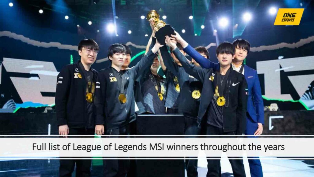 Royal Never Give Up lifting the MSI 2021 trophy in ONE Esports featured image for article "Full list of League of Legends MSI winners throughout the years"