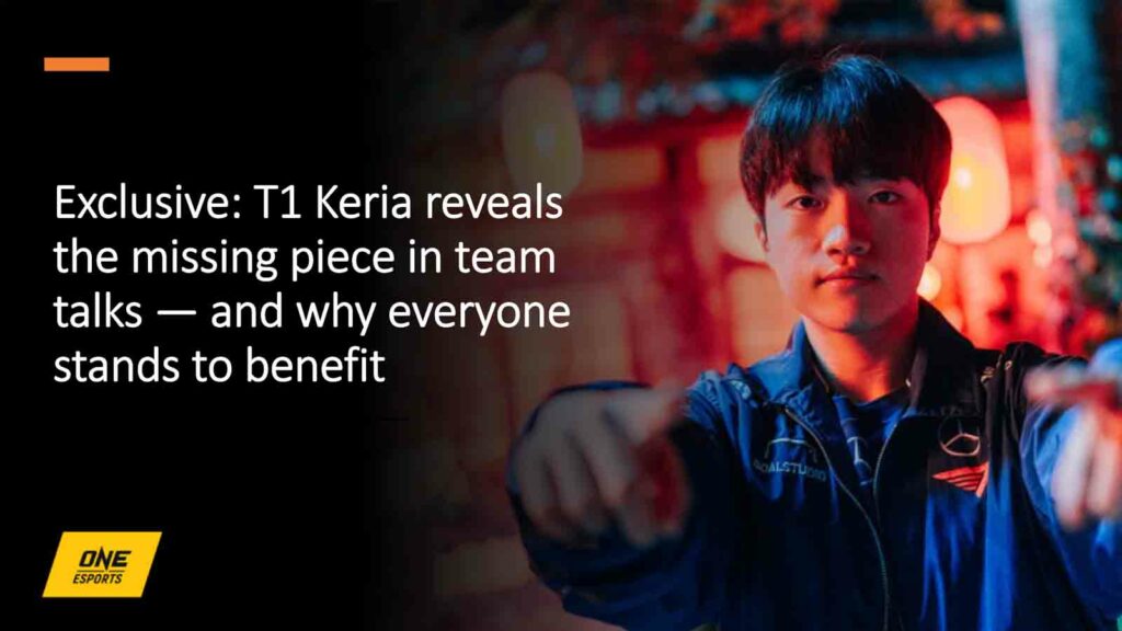 T1 Keria pointing at the camera during MSI 2024 feature photoshoot in ONE Esports featured image for article "Exclusive: T1 Keria reveals the missing piece in team talks — and why everyone stands to benefit"