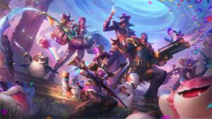 League of Legends champions Nami, Vi, Twisted Fate, Graves, Caitlyn, Neeko, and Rell celebrating Pride 2024 with a couple of poros and little legends in TFT