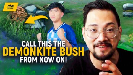 RSG PH's Jonard "Demonkite" Caranto and analyst Caisam "Wolf" Nopueto in ONE Esports' image for Samsung Weekly Video featuring the jungler's high-level bush plays