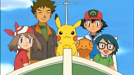 Brock, Misty, Ash, and Pikachu on a boat in Season 8 Episode 1 "Clamperl Of Wisdom"