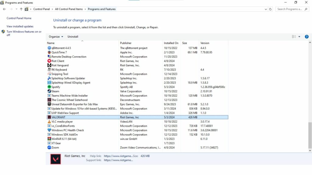 Cómo desinstalar Valorant a través del Panel de control