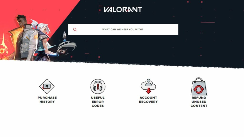 Página de soporte de Valorant con pestaña de historial de compras.