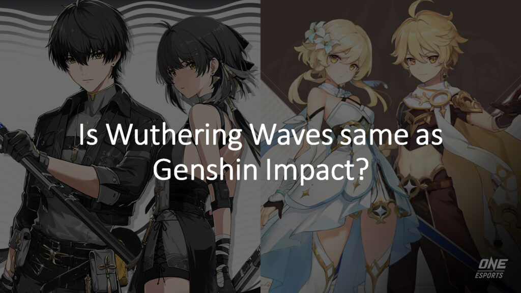 Rovers masculinos y femeninos y viajeros gemelos Aether y Lumine en ONE Esports imagen destacada para el artículo "¿Es Wuthering Waves lo mismo que Genshin Impact?"