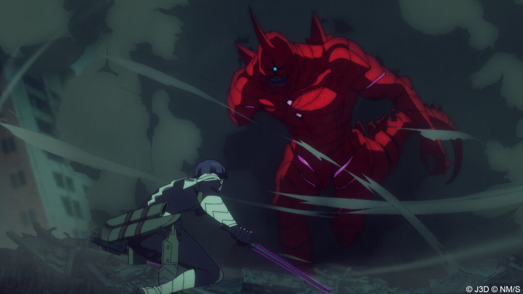 El personaje principal de Kaiju #8, el vicecapitán de Tercera División Soshiro Hoshina, visto luchando contra Kaiju #8 en el episodio 9 de la temporada 1.