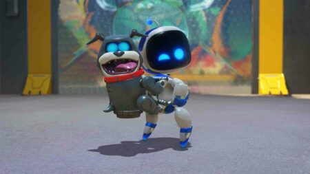 Astro Bot carrying a dog on its back, official PlayStation screenshot