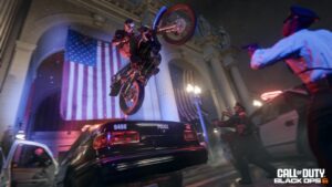 Russel Adler jumps over the police while riding a motorcycle in Call of Duty Black Ops 6 key visual